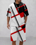 Men's Summer Colorblock Printed Round Neck Suit 075