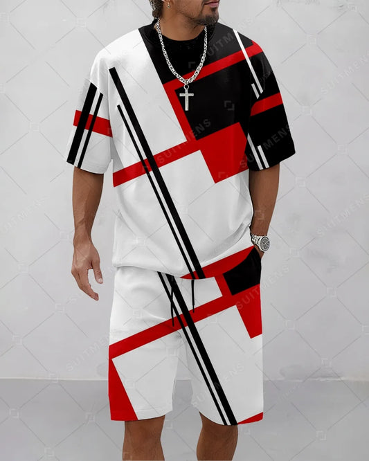 Men's Summer Colorblock Printed Round Neck Suit 075