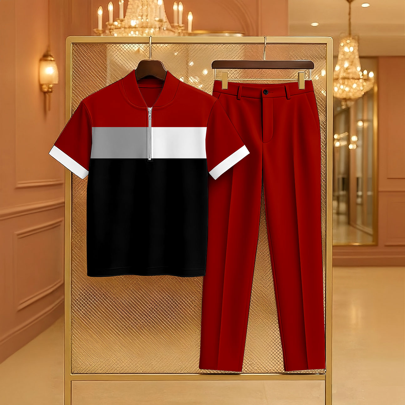 Men's Casual Red & Black Color Matching Geometric Printed Zipper Short Sleeved Polo Shirt & Trousers Two-Piece Set
