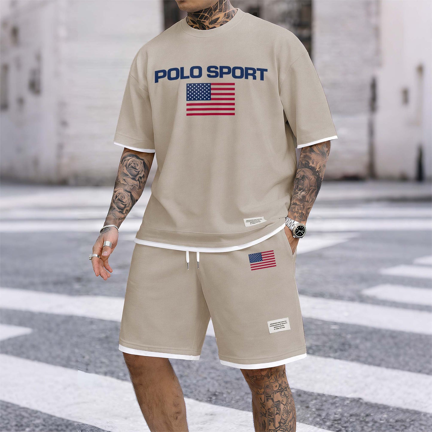 Men's Usa Polo Sport Print Drawstring Shorts Set For Spring/Summer. A Casual Summer Outfit, Including A Short-Sleeved Shirt And Shorts, Suitable For Everyday Wear And Sports. A Two-Piece Set For A Relaxed And Energetic Lifestyle.