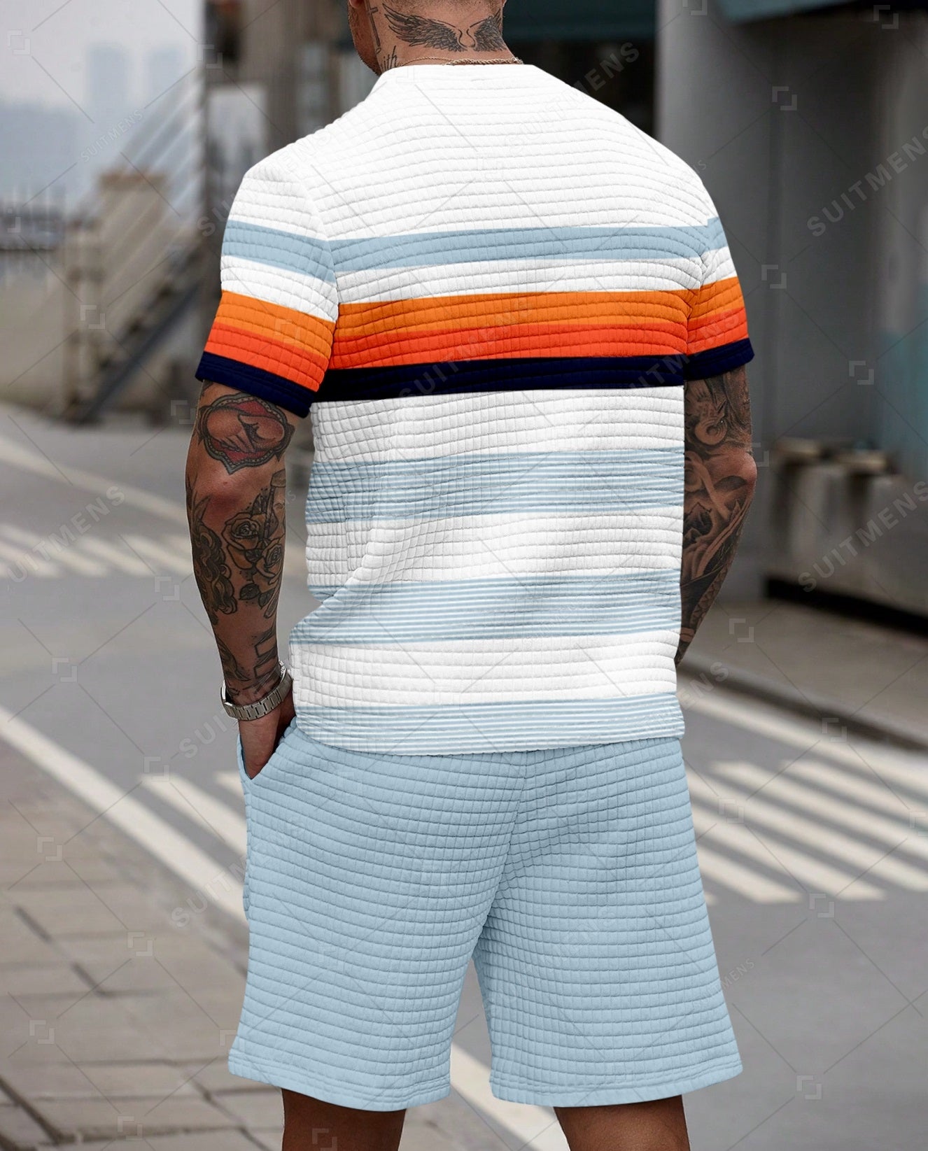 Men's Casual Waffle Textured Summer Round Neck Short Sleeve Shorts Set 004