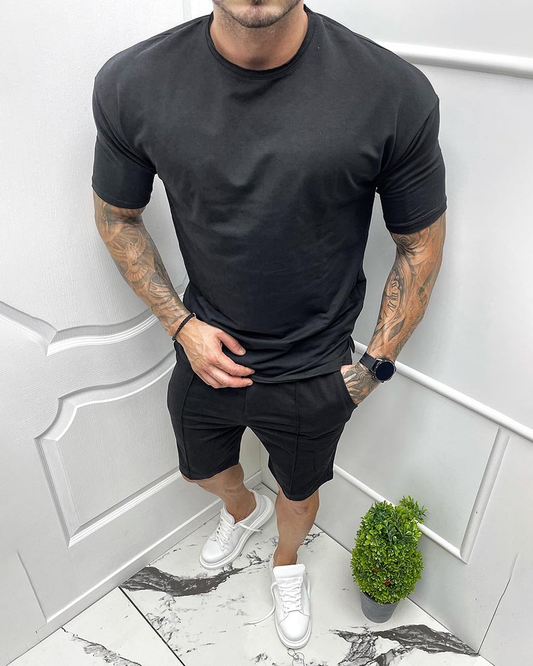 Men's casual black short-sleeved two-piece suit