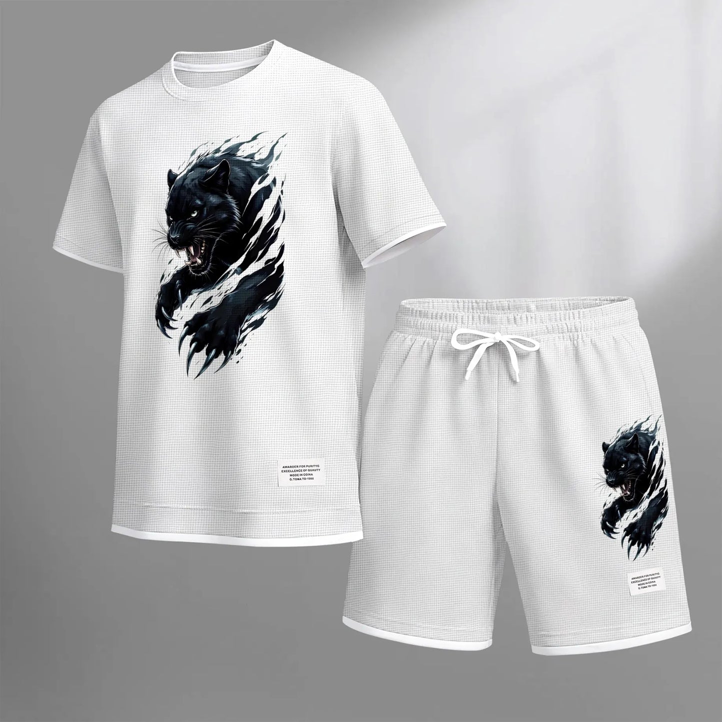 Men's Black Panther Graphic Print Waffle Short Sleeve T-Shirt & Shorts Set, Summer Lightweight Sporty Casual Two-Piece Outfit, Streetwear for Gym & Daily Wear