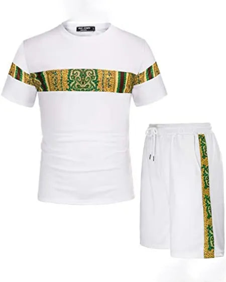 Men's Printed Colorblock T-Shirt and Shorts Set 033