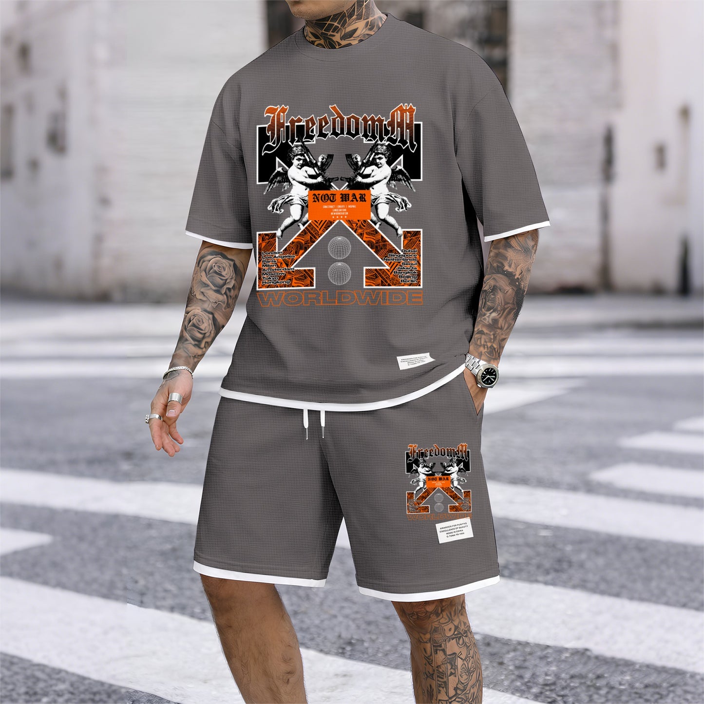 Men's Angel Graphic Print Short Sleeve Shirt and Drawstring Shorts Set, Casual Summer Two-Piece Outfit, Lightweight Breathable Relaxed Fit Athletic Set for Daily Wear, Beach, Vacation, Travel & Loungewear