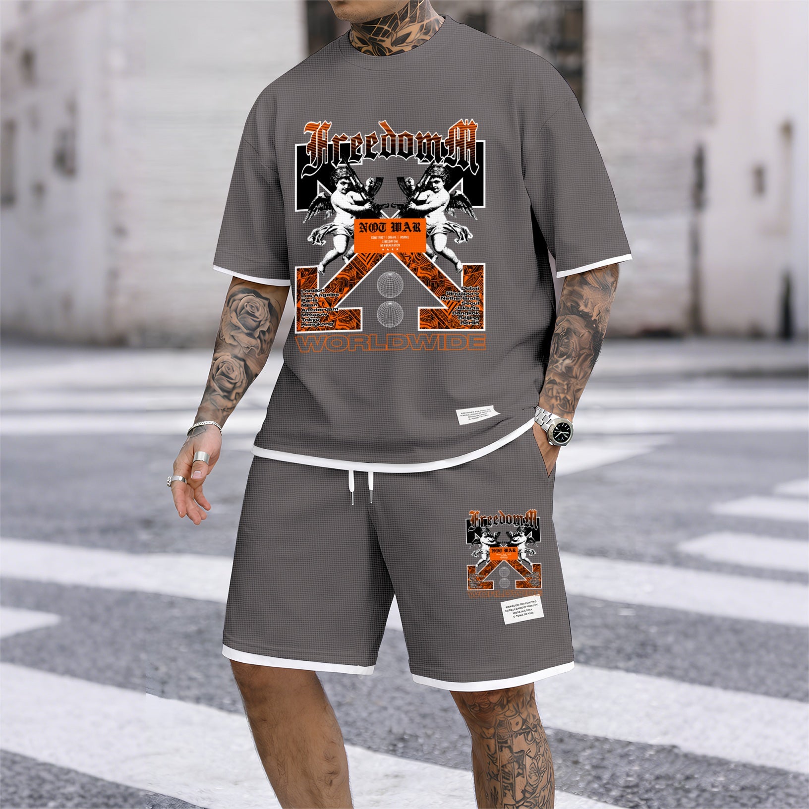 Men's Angel Graphic Print Short Sleeve Shirt and Drawstring Shorts Set, Casual Summer Two-Piece Outfit, Lightweight Breathable Relaxed Fit Athletic Set for Daily Wear, Beach, Vacation, Travel & Loungewear