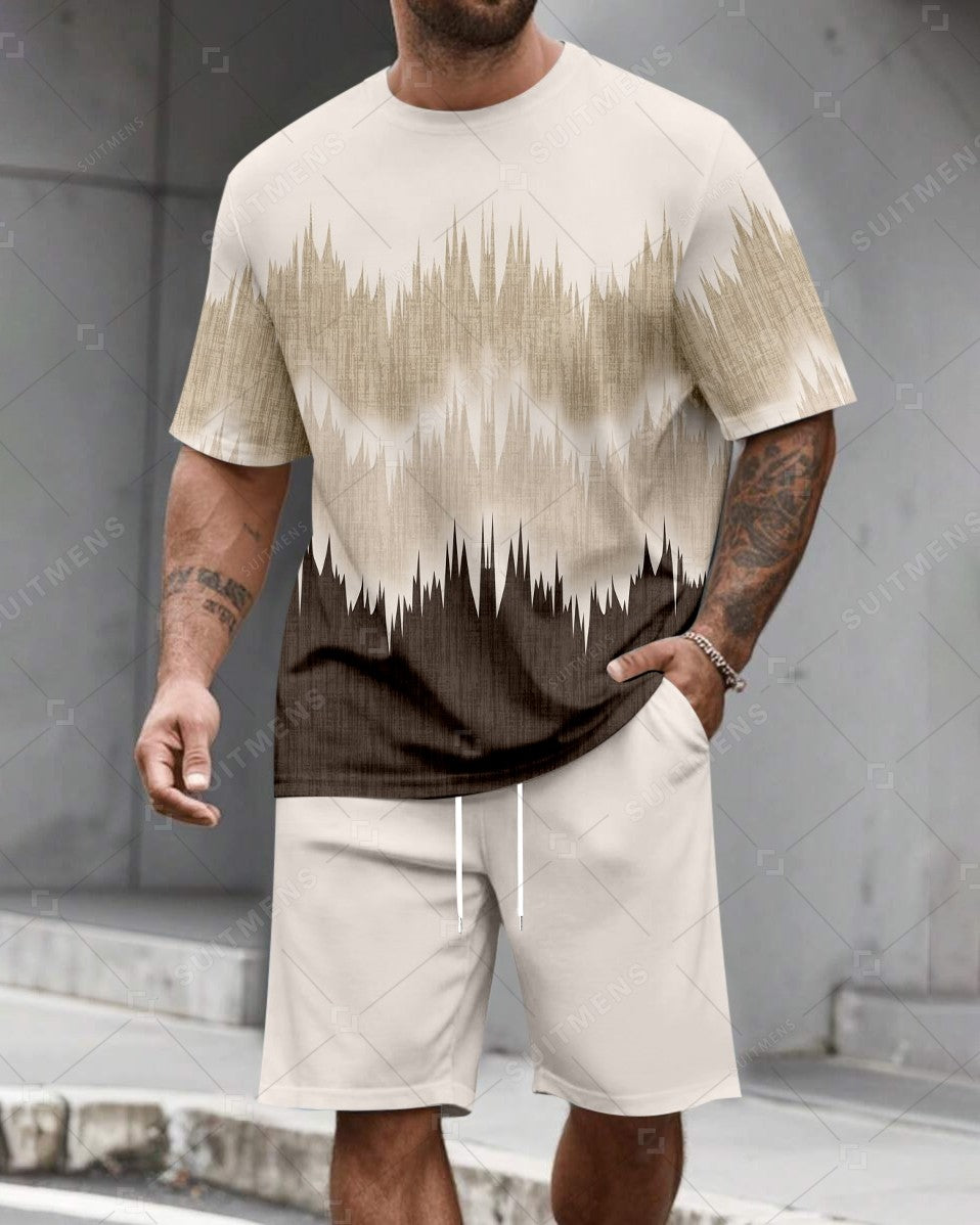Men's Summer Colorblock Printed Round Neck Set 290