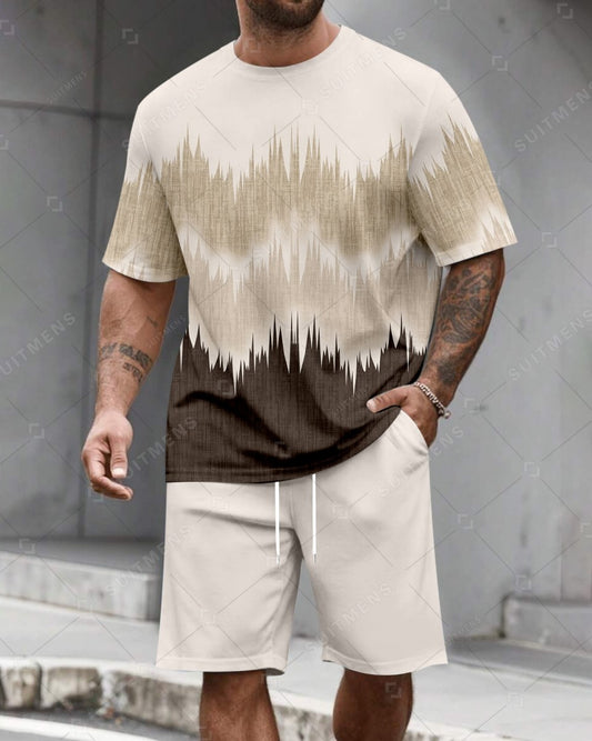 Men's Summer Colorblock Printed Round Neck Set 290