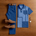 Men's Casual Blue Geometry Printed Polo Shirt And Pants Two-Piece Set