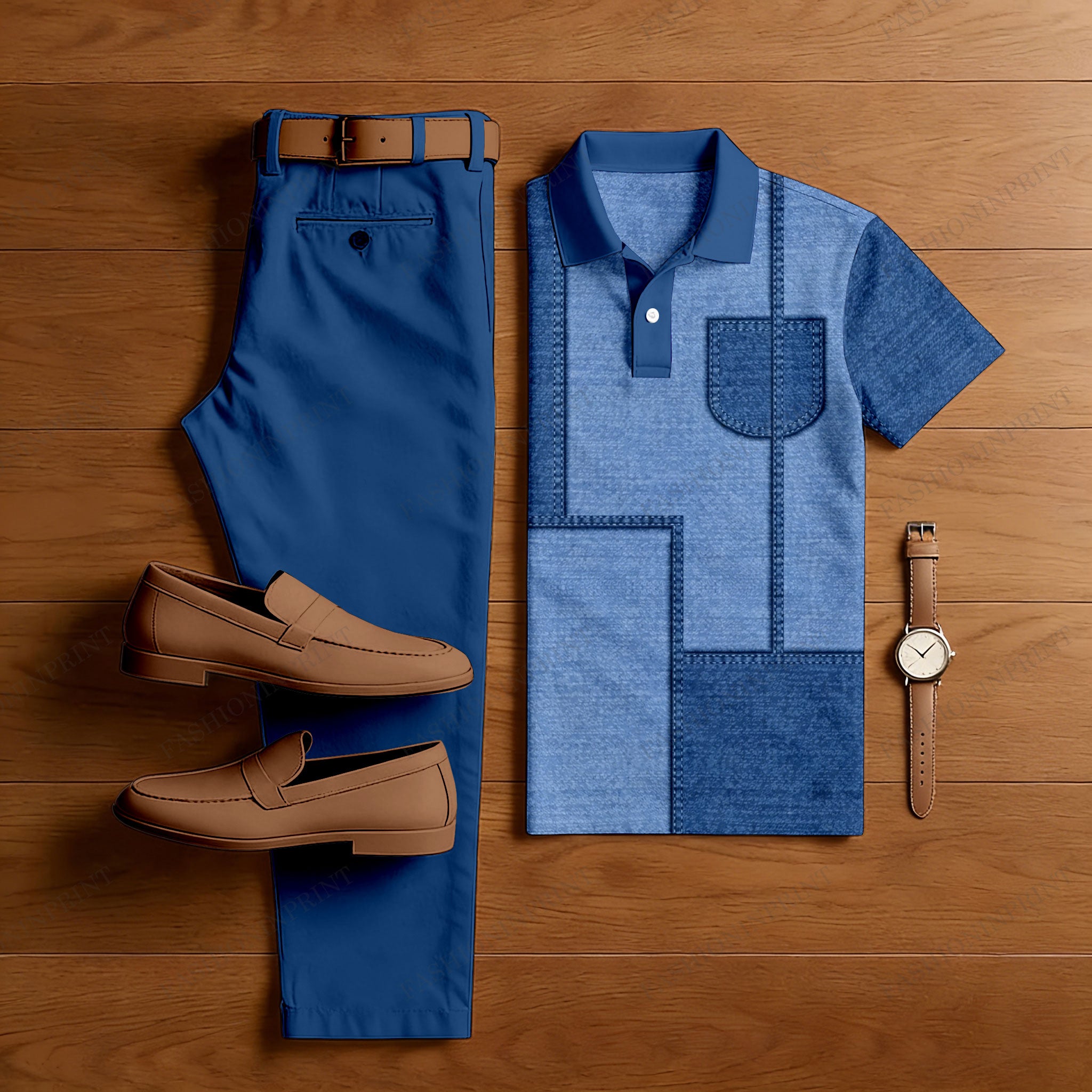Men's Casual Blue Geometry Printed Polo Shirt And Pants Two-Piece Set