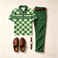 Men's Casual Dark Green Plaid Printed Polo Shirt And Pants Two-Piece Set