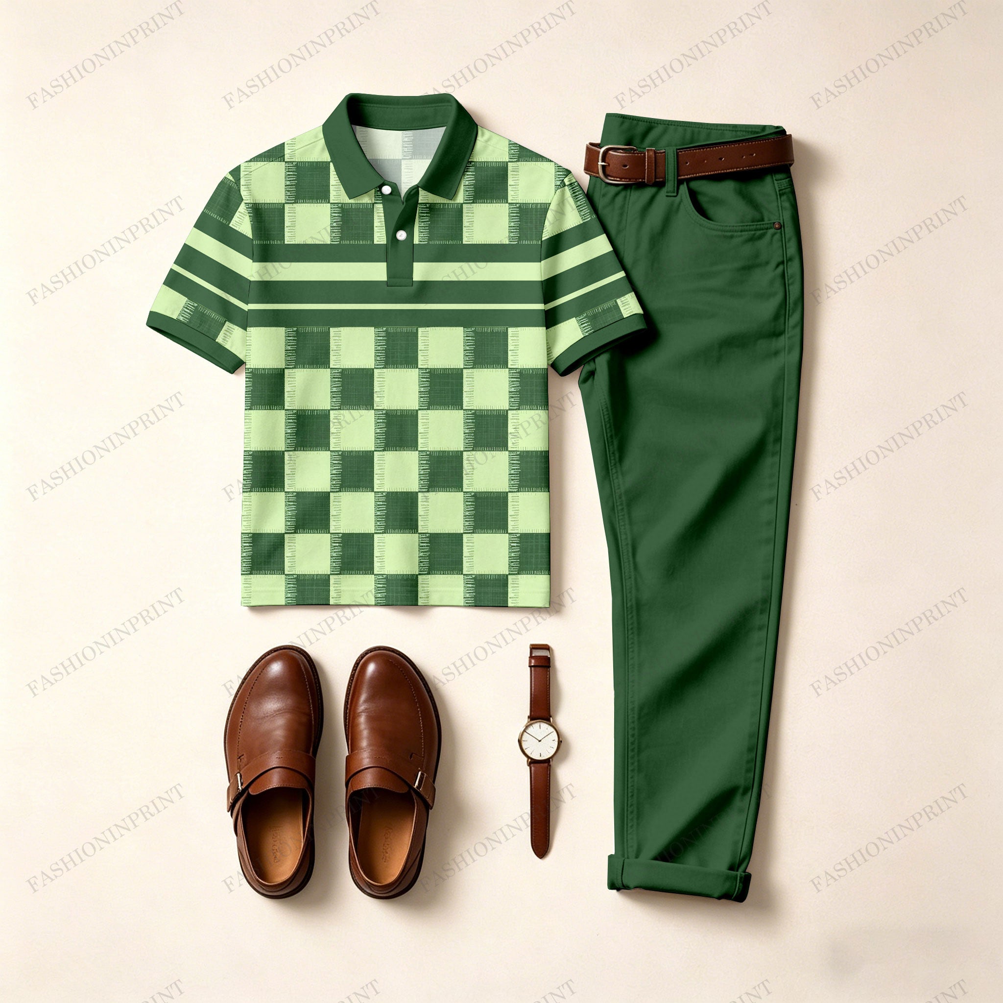 Men's Casual Dark Green Plaid Printed Polo Shirt And Pants Two-Piece Set