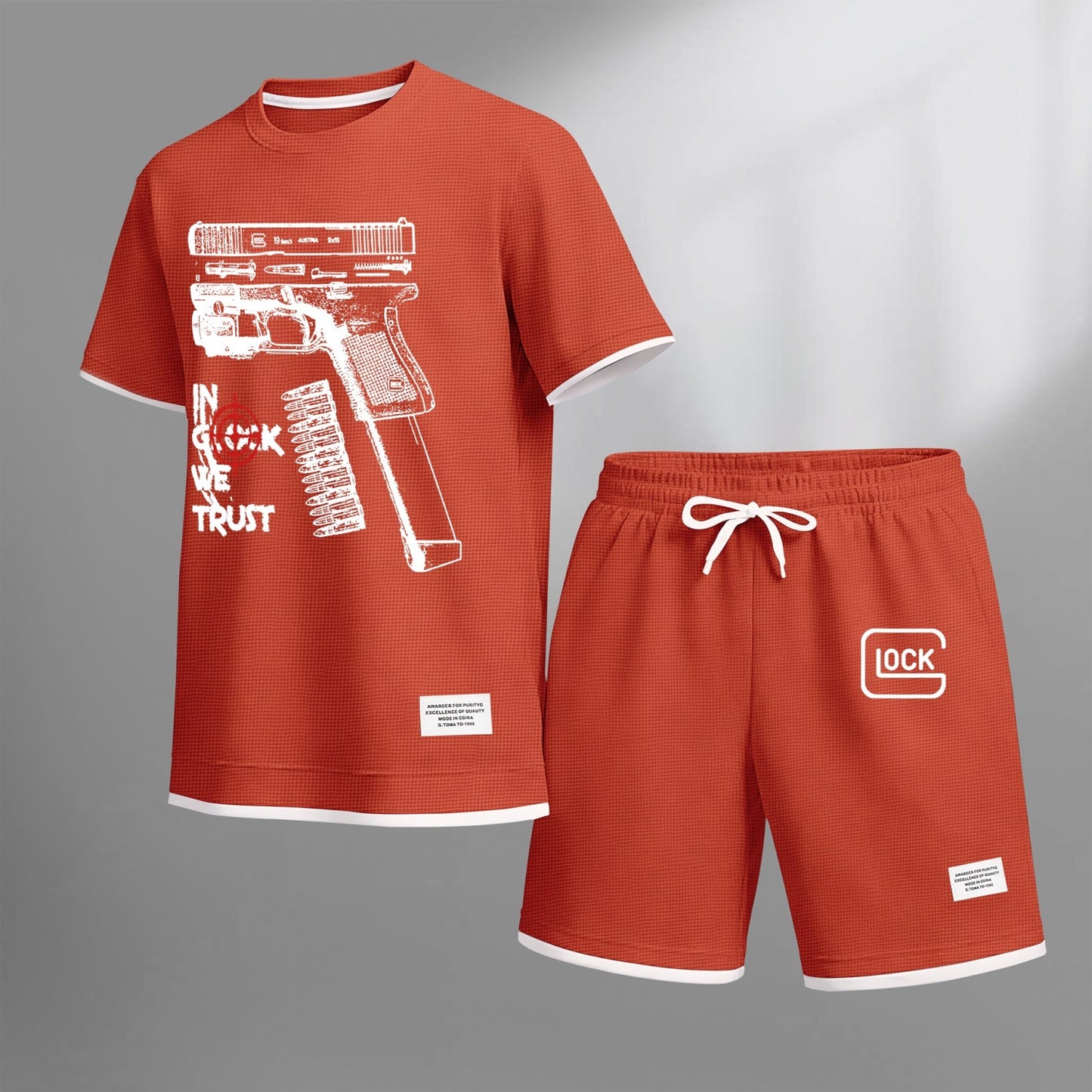 Men's classic K-print drawstring shorts set, perfect for spring and summer. This casual summer set includes a short-sleeved shirt and shorts, ideal for everyday wear and sports activities
