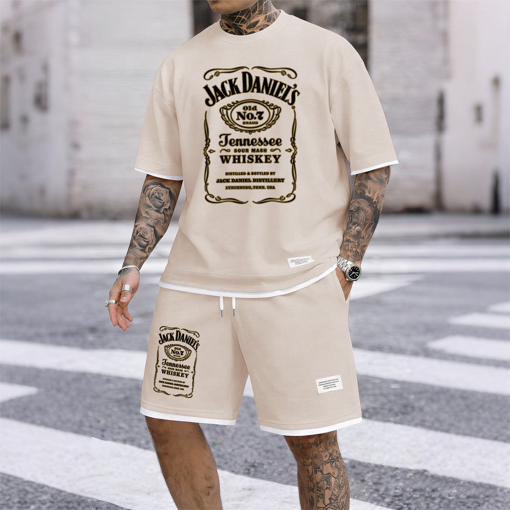 Men's Beer And Beverage Printed Drawstring Shorts Set, Suitable For Spring And Summer Wear, Casual Summer Set, Including Short-Sleeved Shirt And Shorts, Suitable For Everyday Wear And Sports 03
