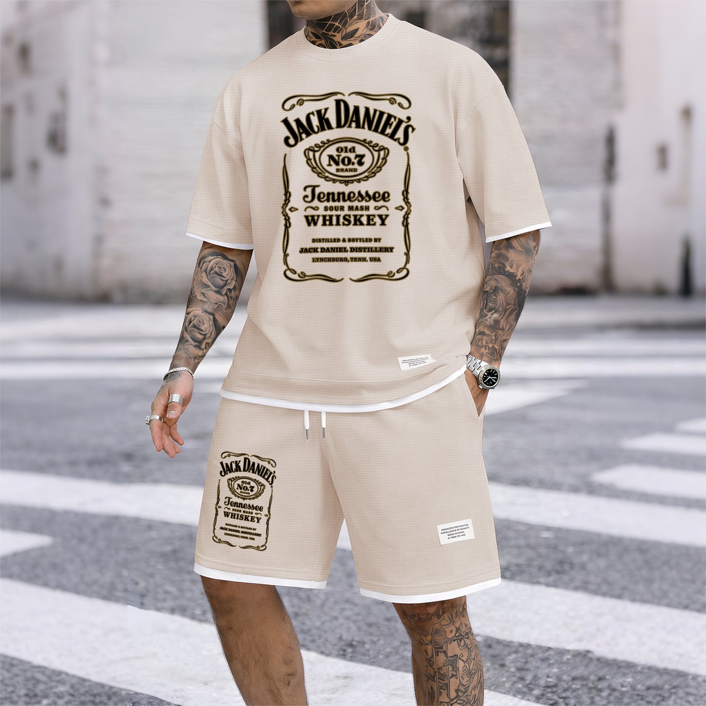 Men's Beer And Beverage Printed Drawstring Shorts Set, Suitable For Spring And Summer Wear, Casual Summer Set, Including Short-Sleeved Shirt And Shorts, Suitable For Everyday Wear And Sports 03