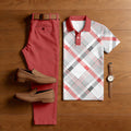 Men's Casual White & Red Color Matching Geometric Printed Short Sleeved Polo Shirt & Trousers Two-Piece Set