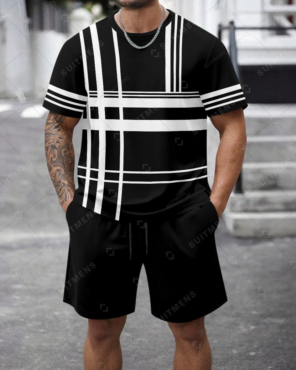 Men's Summer Colorblock Printed Round Neck Set 464