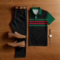 Men's Casual Black & Green Color Matching Striped Printed Short Sleeved Polo Shirt & Trousers Two-Piece Set