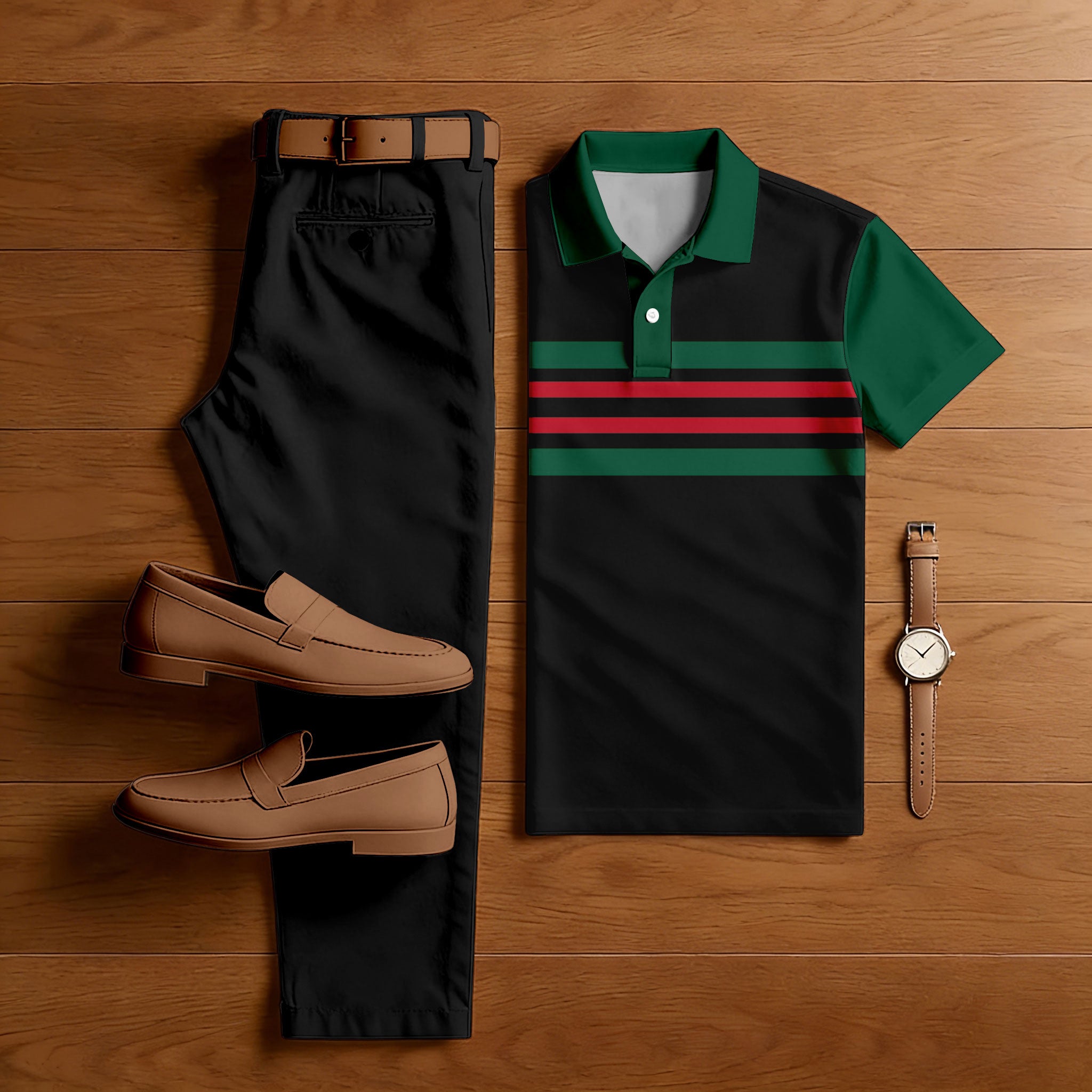 Men's Casual Black & Green Color Matching Striped Printed Short Sleeved Polo Shirt & Trousers Two-Piece Set
