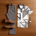 Men's Casual Brown & White Color Matching Geometric Printed Short Sleeved Polo Shirt & Trousers Two-Piece Set