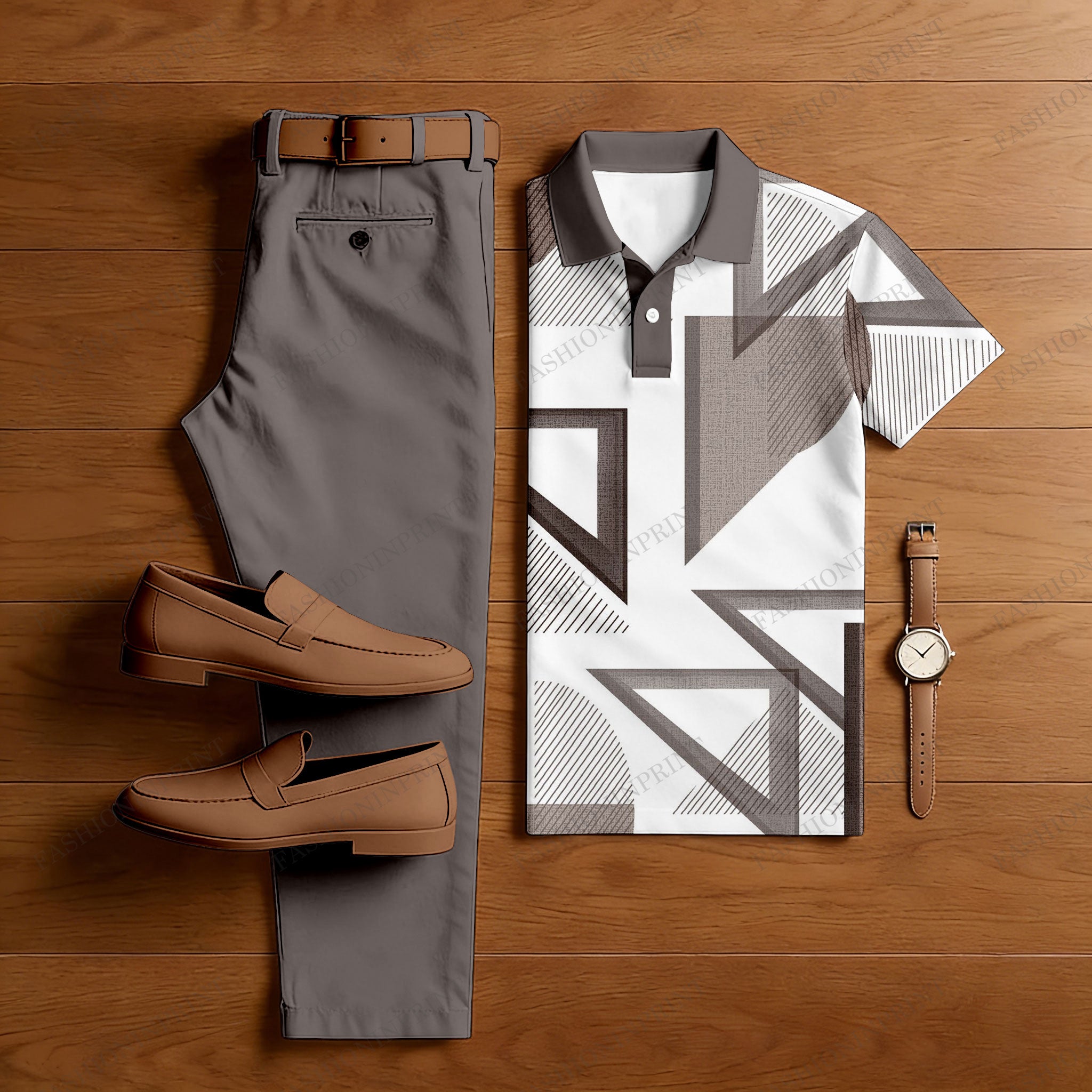 Men's Casual Brown & White Color Matching Geometric Printed Short Sleeved Polo Shirt & Trousers Two-Piece Set