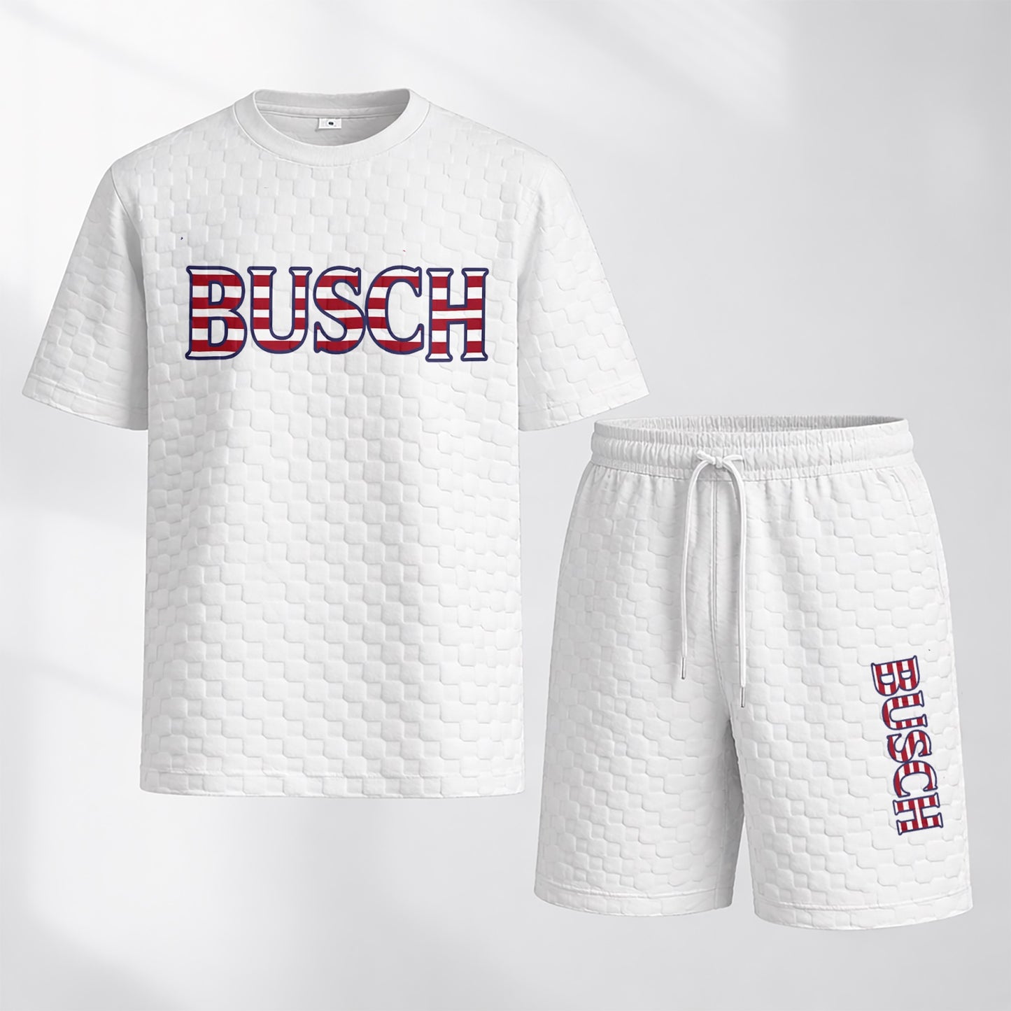 Men's Spring/Summer Drawstring Shorts Set featuring Beverage-Print Plaid Fabric—A casual summer ensemble comprising a short-sleeve shirt and shorts, ideal for both daily wear and athletic activities