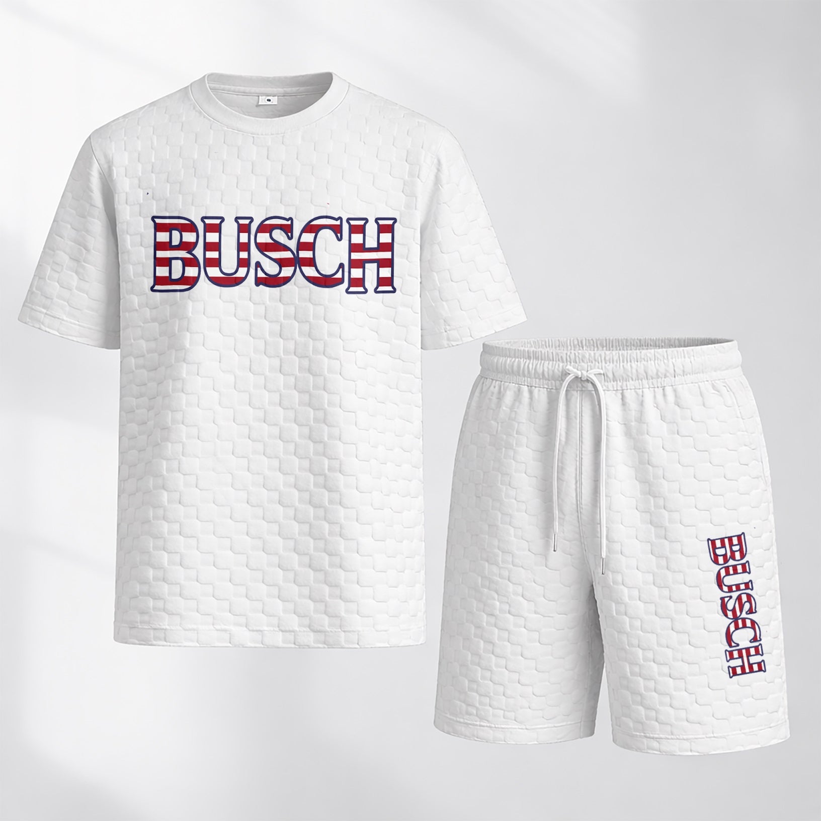 Men's Spring/Summer Drawstring Shorts Set featuring Beverage-Print Plaid Fabric—A casual summer ensemble comprising a short-sleeve shirt and shorts, ideal for both daily wear and athletic activities