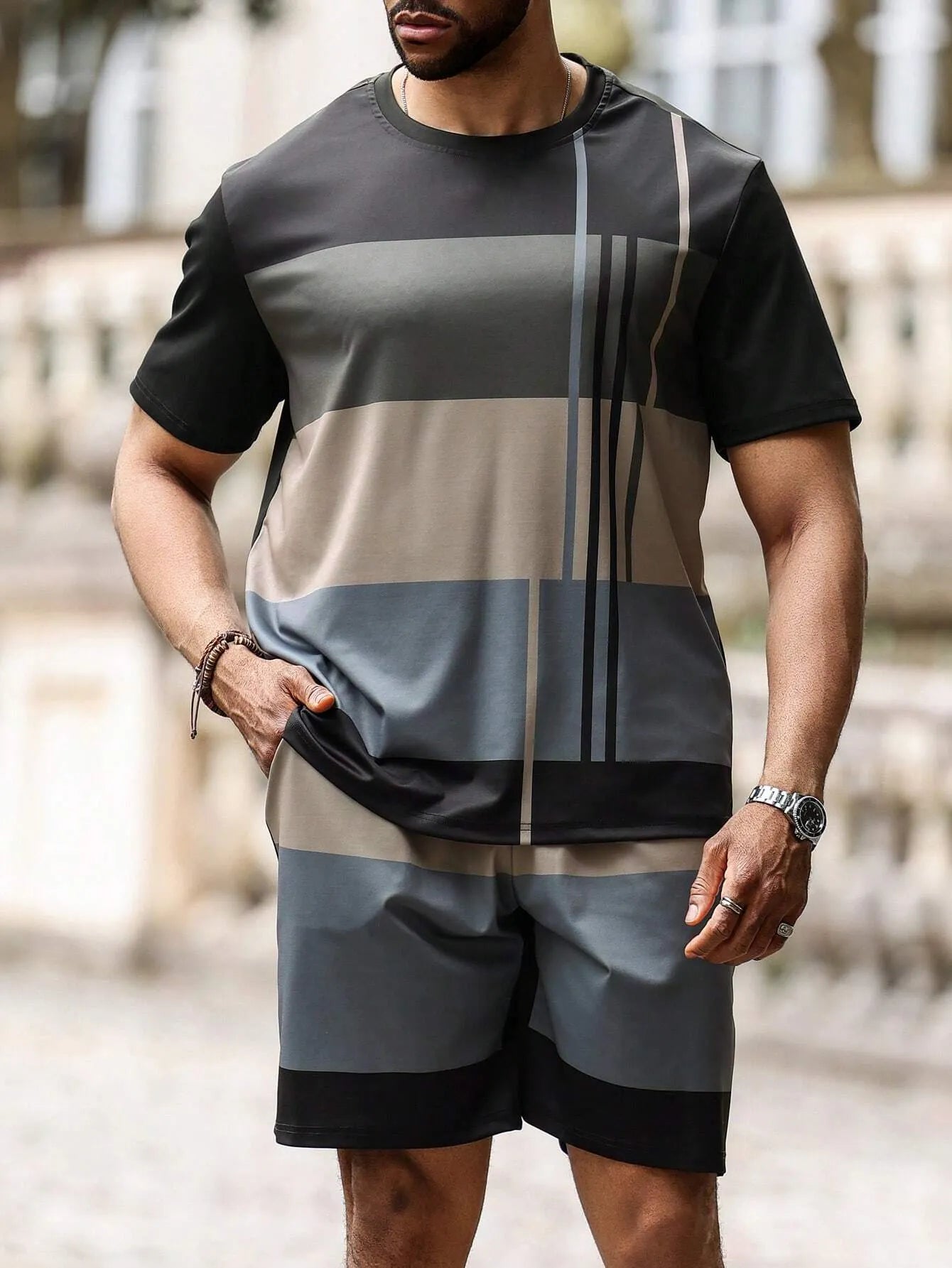 Men's color matching casual shorts Set 400