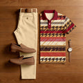 Men's Casual Red & Beige Stripes Printed Polo Shirt And Pants Two-Piece Set