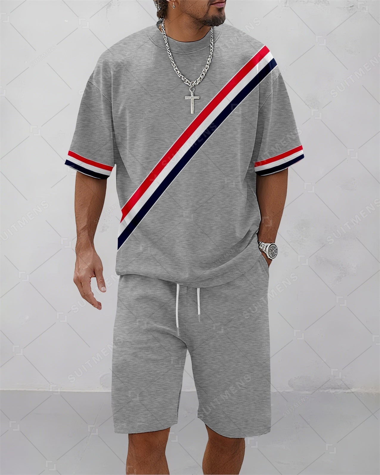 Men's Summer Colorblock Printed Round Neck Suit 079