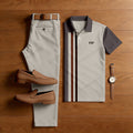 Men's Casual Gray Striped Printed Short-Sleeved Shirt And Shorts Two-Piece Set 203404