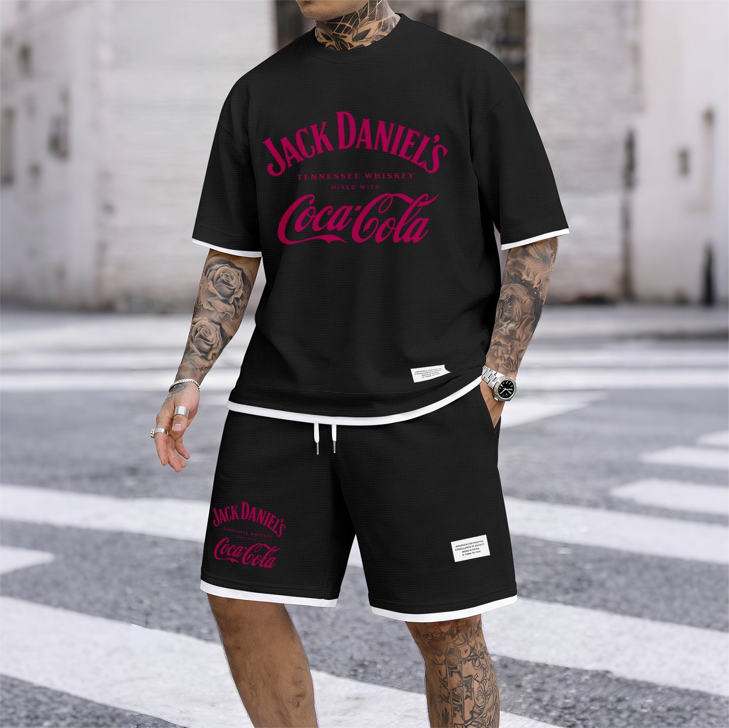 Men's Beer Print Drawstring Shorts Set, Suitable For Spring And Summer Wear, Casual Summer Set, Including Short-Sleeved Shirt And Shorts, Suitable For Everyday Wear And Sports 08