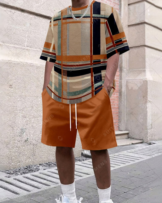 Men's Summer Colorblock Printed Round Neck Set 488
