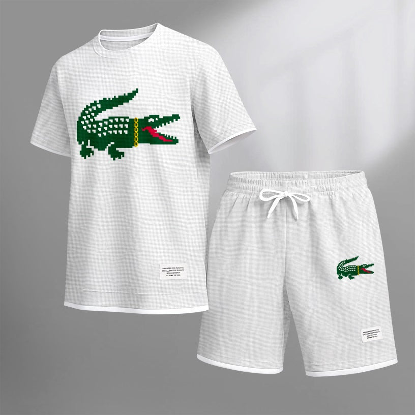 Men's Hip-Hop Crocodile Print Waffle Fabric Short-Sleeved Shirt And Shorts Set 02