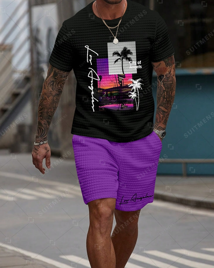 Men's Casual Waffle Textured Summer Round Neck Short Sleeve Shorts Set 007