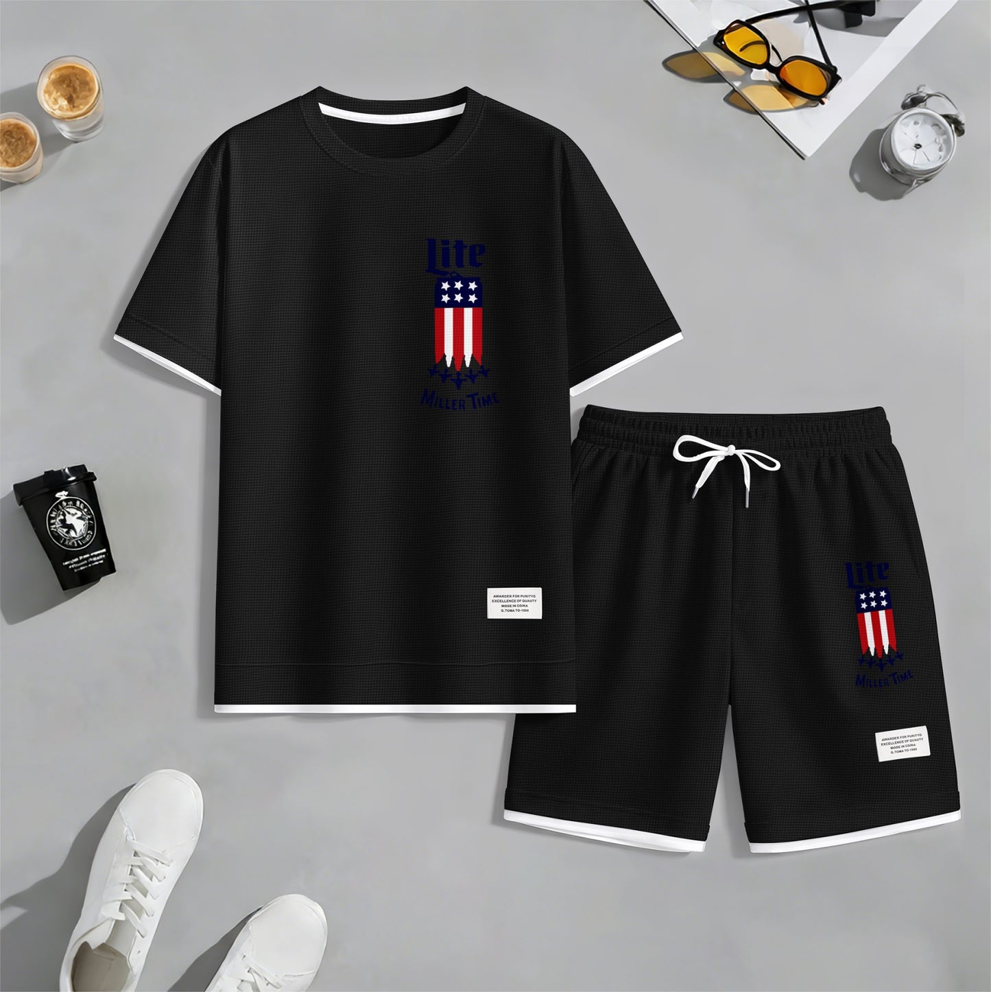 Men's Beer And Beverage Printed Drawstring Shorts Set, Suitable For Spring And Summer Wear, Casual Summer Set, Including Short-Sleeved Shirt And Shorts, Suitable For Everyday Wear And Sports 012