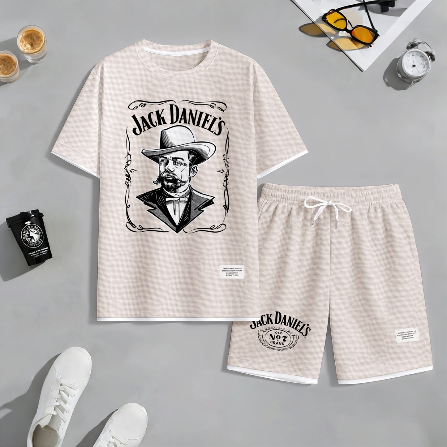 Men's Beer Print Drawstring Shorts Set, Suitable For Spring And Summer Wear, Casual Summer Set, Including Short-Sleeved Shirt And Shorts, Suitable For Everyday Wear And Sports 04