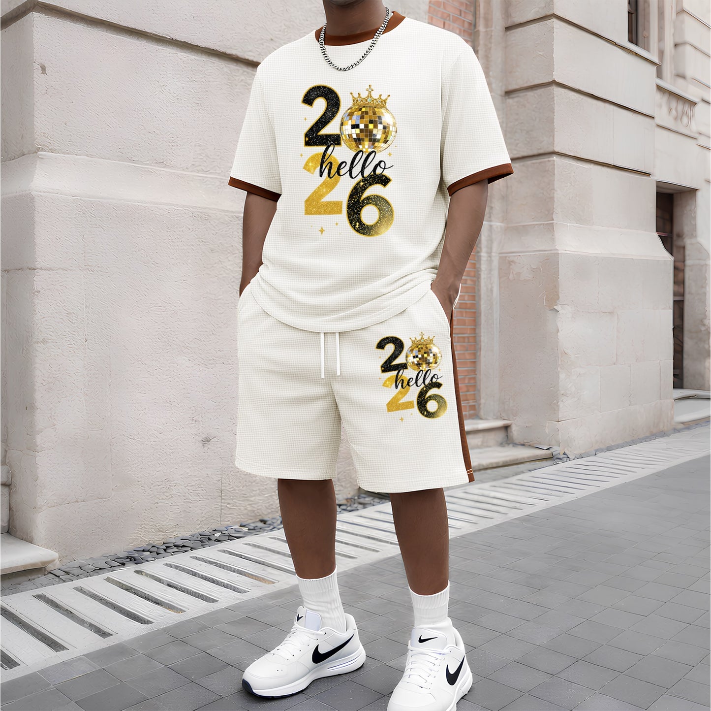 Men's 2026 Pattern Short-Sleeve T-Shirt and Drawstring Shorts Set, Men's Clothing, Casual Sporty Short-Sleeve Top and Shorts, Summer Men's Everyday Wear, Indoor and Outdoor Sportswear, Athletic Set