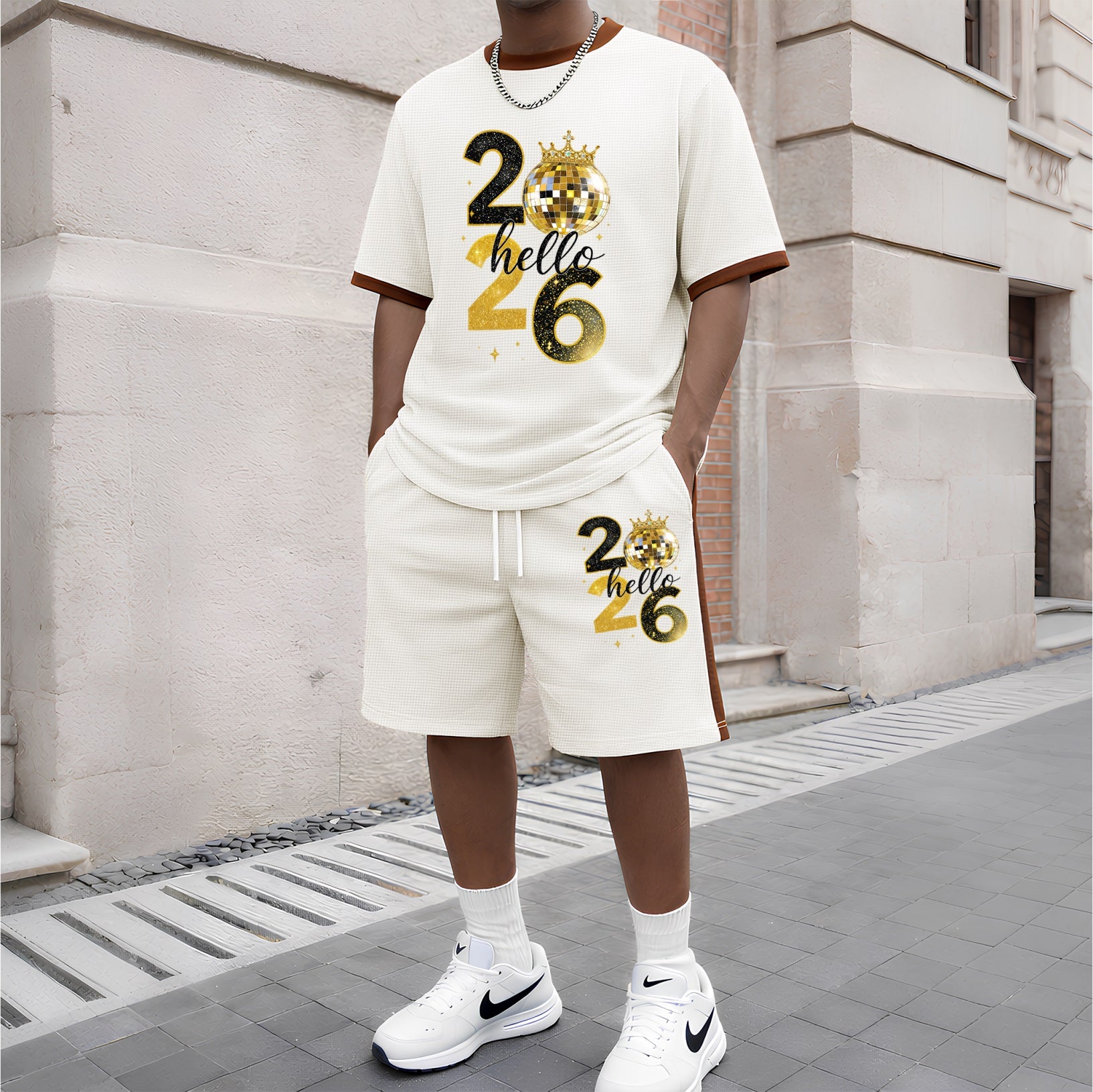 Men's 2026 Pattern Short-Sleeve T-Shirt and Drawstring Shorts Set, Men's Clothing, Casual Sporty Short-Sleeve Top and Shorts, Summer Men's Everyday Wear, Indoor and Outdoor Sportswear, Athletic Set