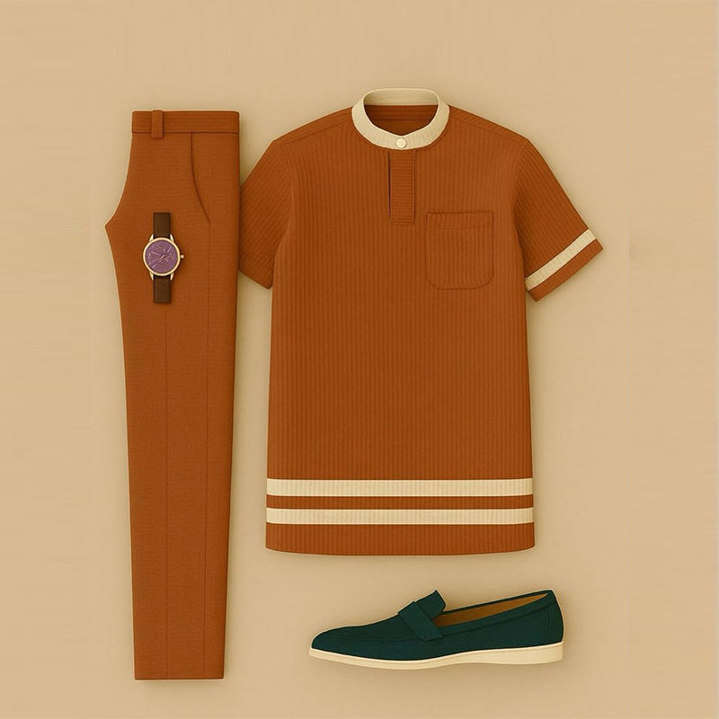 Men's Casual Orange & Beige Color Matching Striped Printed Short Sleeved Henry Collar T-Shirt & Trousers Two-Piece Set