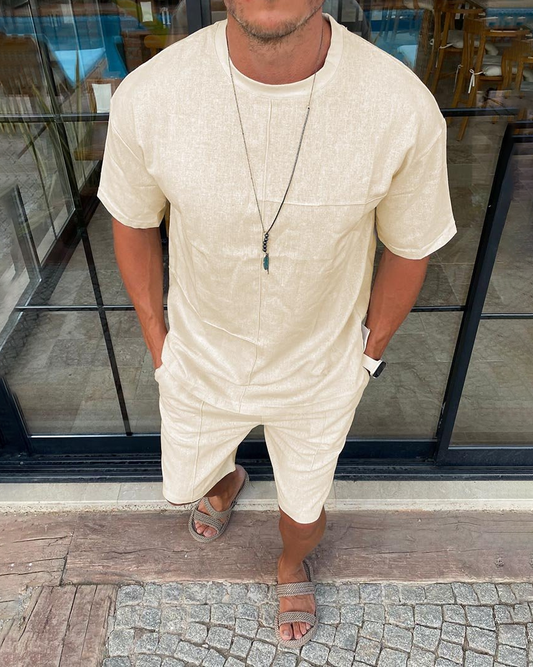Men's khaki short-sleeved two-piece suit