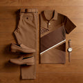 Men's Casual Brown Stripes Printed Polo Shirt And Pants Two-Piece Set