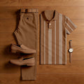 Men's Casual Brown & White Color Matching Striped Printed Short Sleeved Polo Shirt & Trousers Two-Piece Set