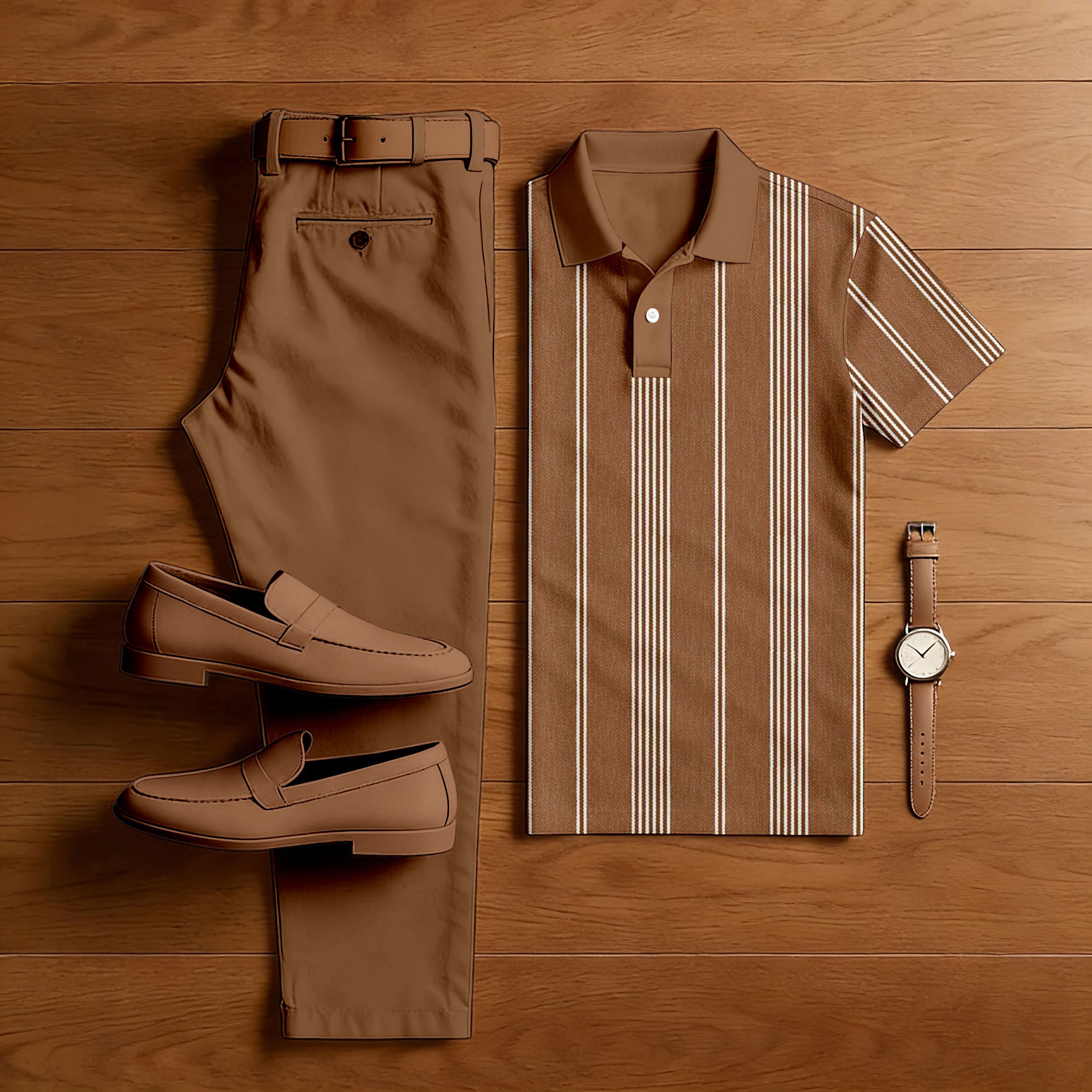 Men's Casual Brown & White Color Matching Striped Printed Short Sleeved Polo Shirt & Trousers Two-Piece Set