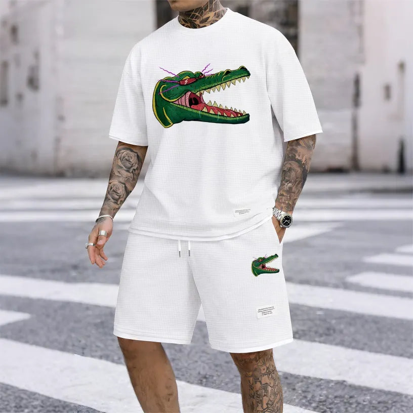 Men's Cartoon Crocodile Head Print Waffle Fabric Short-Sleeved Shirt And Shorts Set