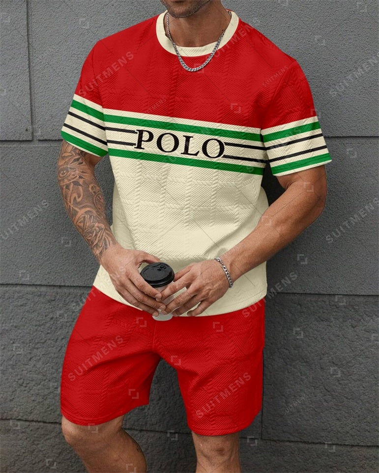 Men's Jacquard Textured Color Block Printed Short Sleeve Shorts Set 007