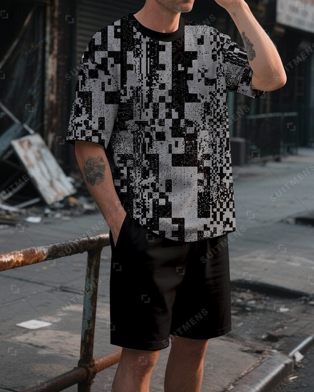 Men's Summer Colorblock Printed Round Neck Suit 015