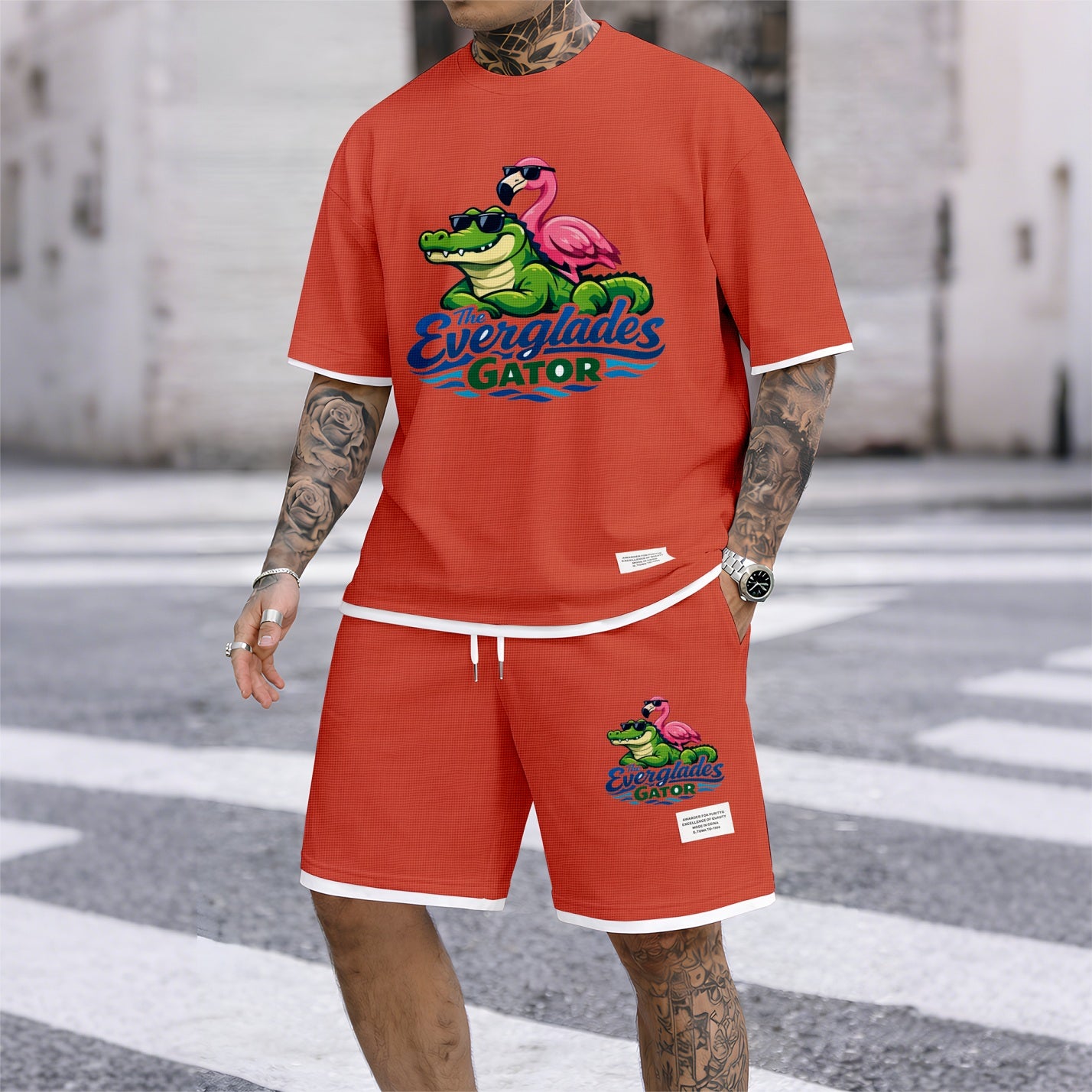 Men's Amusing Animals print drawstring shorts set for spring/summer, a casual summer outfit including a short-sleeved shirt and shorts, suitable for everyday wear and sports. A two-piece set for a relaxed and energetic lifestyle.