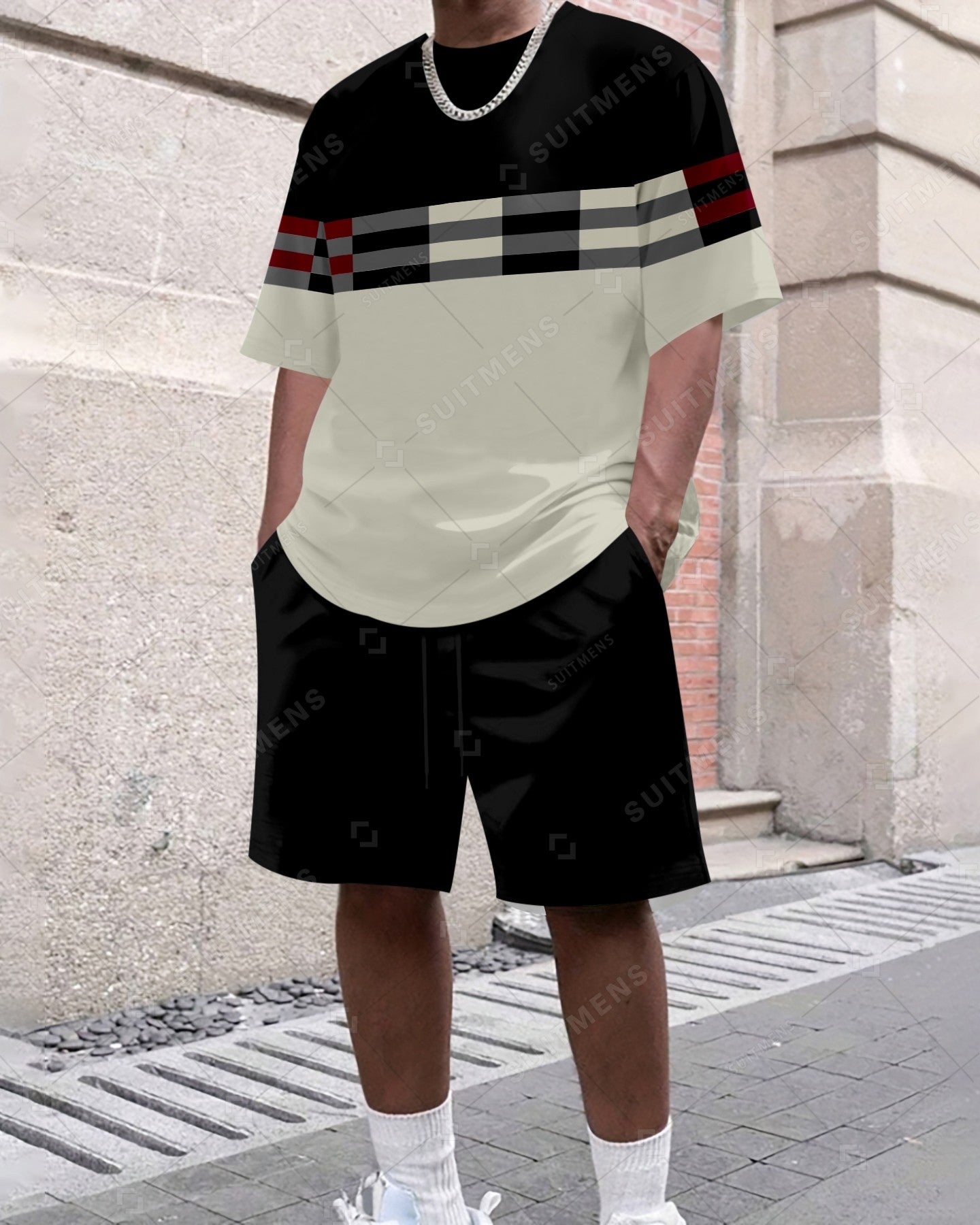 Men's Summer Colorblock Printed Round Neck Set 419