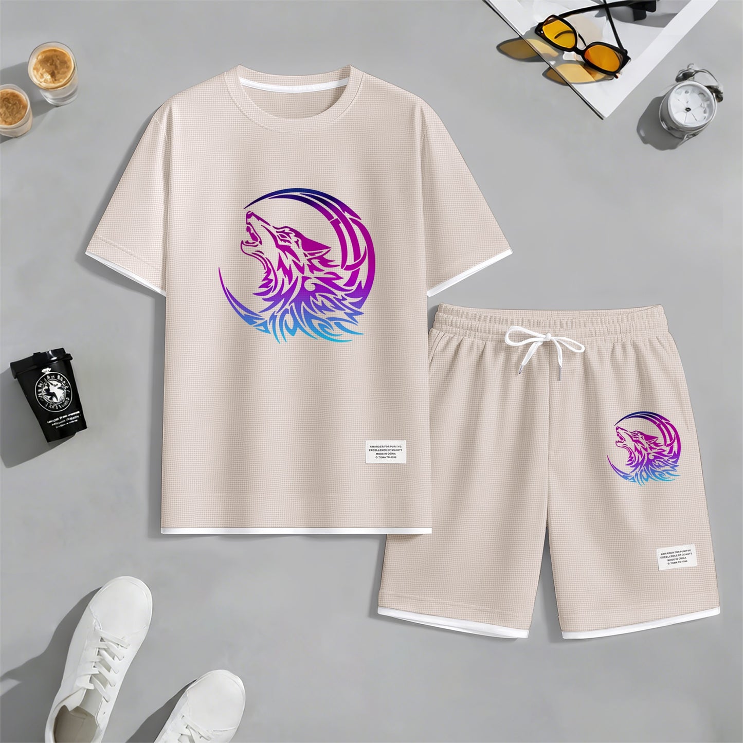 Men's Gradient Wolf & Moon Graphic Print Waffle Short Sleeve T-Shirt & Shorts Set, Summer Lightweight Sporty Casual Two-Piece Outfit, Streetwear for Gym & Daily Wear